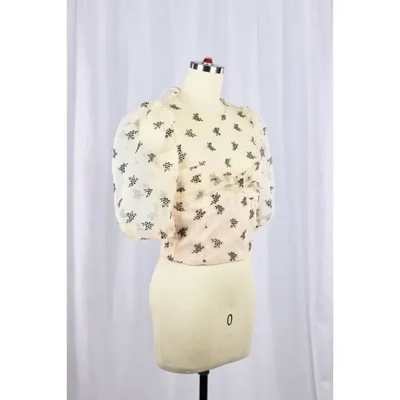 NWOT ZARA Sheer Organza Velvet Floral Puff Sleeve Bustier Crop Top Blouse Size S - Picture 2 of 13